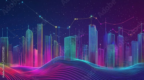 Digital city and abstract dots with gradient lines and aesthetically complex wave line designs, big data connectivity technology concepts.