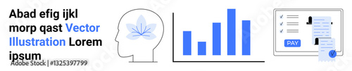 Profile head with plant symbolizing growth, bar chart indicating analytics, payment invoice showing transaction. Ideal for finance, productivity, analytics, education, innovation, personal growth