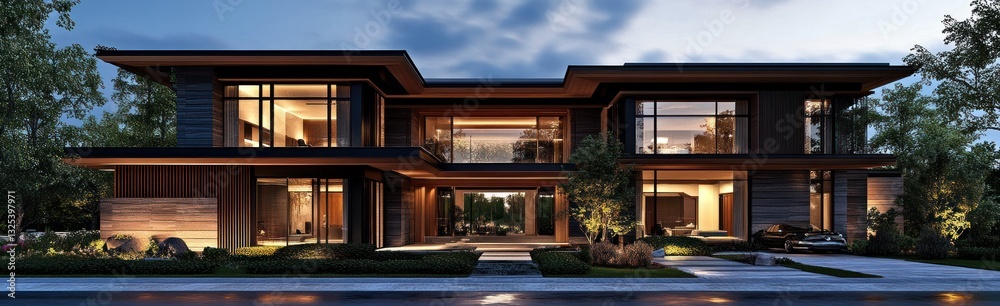Obraz premium Elegant Modern House Architecture with Warm Lighting and Landscaped Exterior