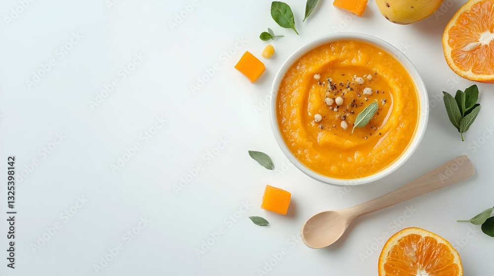 Flat lay composition with bowl of healthy baby Flat lay composition with bowl of healthy baby