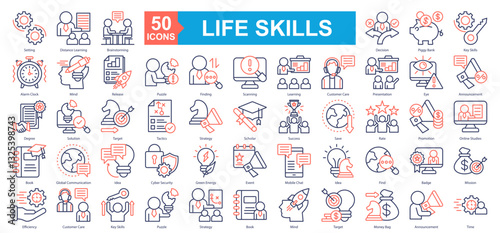 Life Skills Icon Sheet Setting, Finding, Tactics, Idea, Distance Learning, Brainstorming, Decision, Piggy Bank, Key Skills, Alarm Clock, Mind, Release