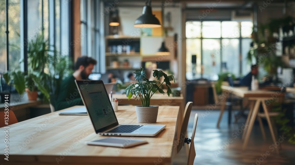 Modern office workspace with laptops and plants, showcasing collaboration and productivity Modern office workspace with laptops and plants, showcasing collaboration and productivity