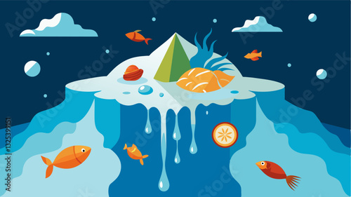 With the ice cap receding the surrounding seas have become more acidic causing a decline in the population of shellfish and other marine creatures. This reduction in seafood. Vector illustration