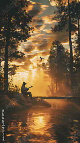 Strumming Serenade under a Sunset Sky: A Lyricist's Solitary Refuge
