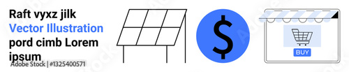Solar panels generate renewable energy, a financial dollar sign implies savings or cost, alongside a digital storefront for online shopping. Ideal for sustainability, energy, finance, e-commerce