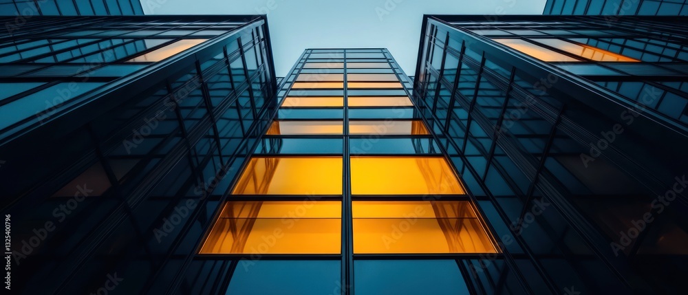 Obraz premium Architectural Majesty: A Worm's Eye View of Modern Glass Skyscrapers