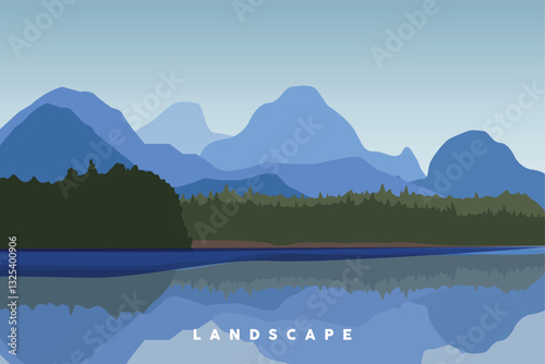 Landscape of hills, river and mountains. Vector illustration