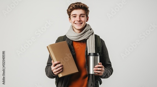 Wallpaper Mural A guy student with a folder and a thermal mug on a white background, isolated Torontodigital.ca