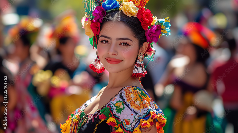 Fototapeta premium Lively Festive Atmosphere of Feria de Abril in Seville, Women in Vibrant Flamenco Dresses Adorned with Flowers, Celebrating Tradition with Joy and Elegance