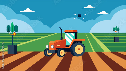 With the use of GPS technology the smart tractor can create and maintain straight rows leading to neater and more organized fields.. Vector illustration