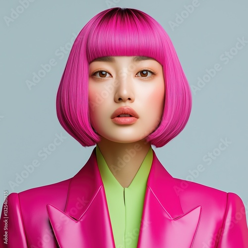 Portrait of a woman of Asian appearance with a pink short haircut
