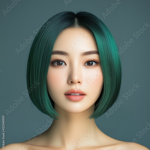 Portrait of a woman of Asian appearance with an emerald short haircut
