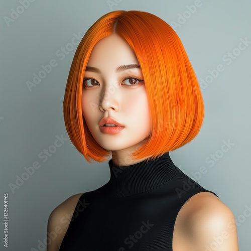 Portrait of a woman of Asian appearance with an orange short haircut