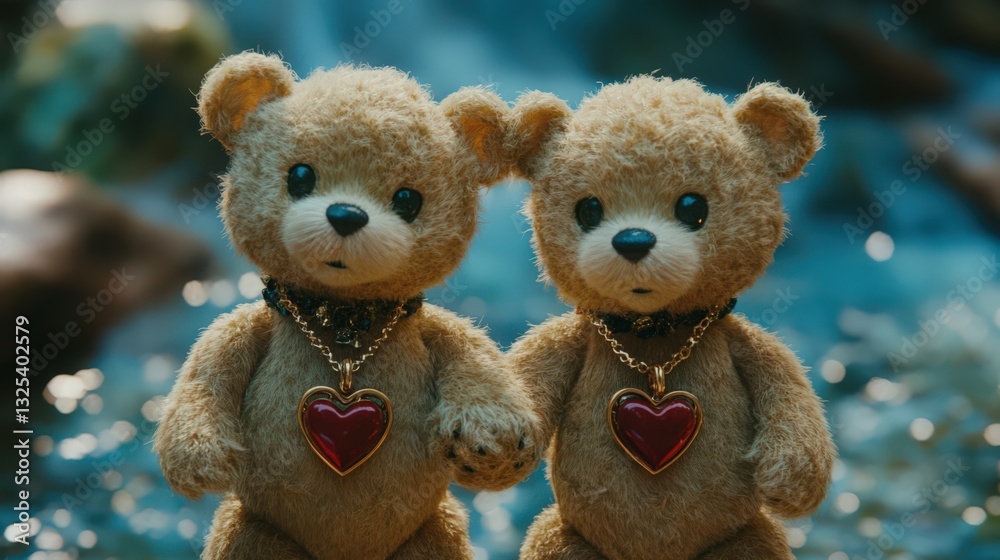 Adorable Twin Teddy Bears with Heart Pendants on a Sparkling River Backdrop Adorable Twin Teddy Bears with Heart Pendants on a Sparkling River Backdrop