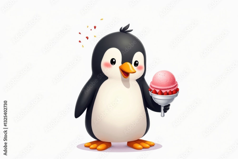 Obraz premium Penguin enjoys ice cream on a sunny day
