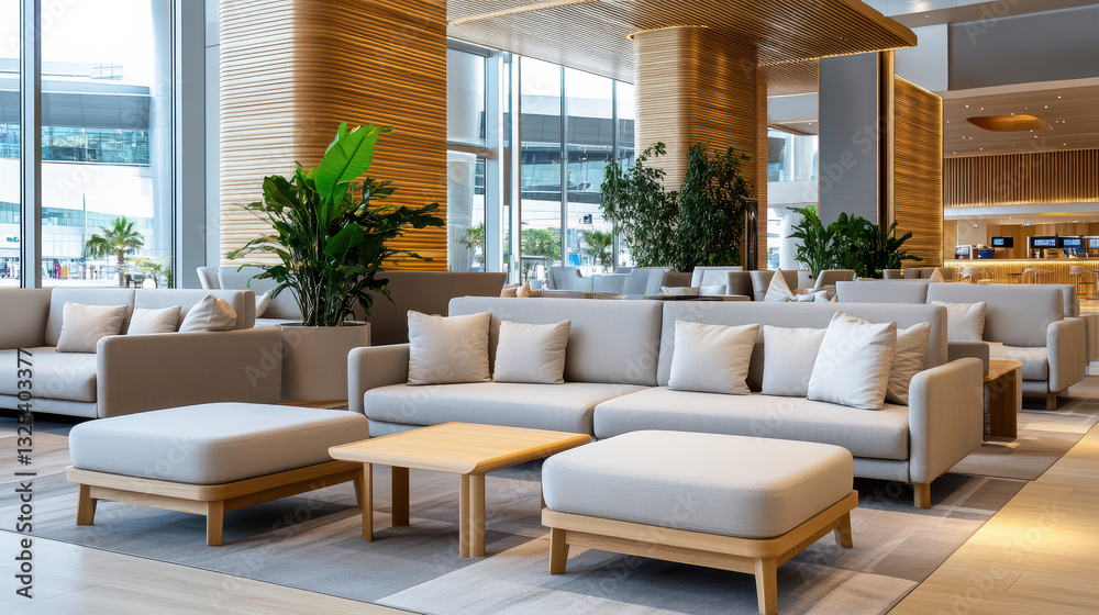 Fototapeta premium modern airport lounge with soft cushions and plants for relaxation