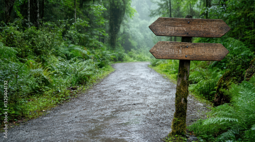 foggy forest road with old wooden signpost guiding way foggy forest road with old wooden signpost guiding way