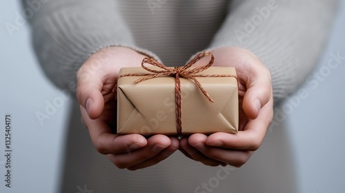 A man holds a gift box tied with a ribbon in his hands