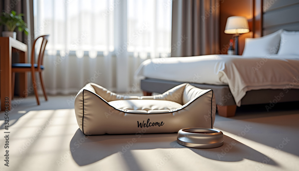 Empty pet bed with welcome note, water bowl and treat in bright hotel room, highlighting pet care and comfort