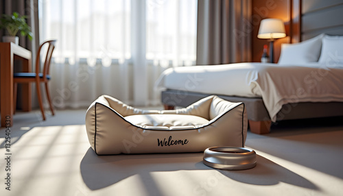 Obraz na płótnie Empty pet bed with welcome note, water bowl and treat in bright hotel room, highlighting pet care and comfort w salonie