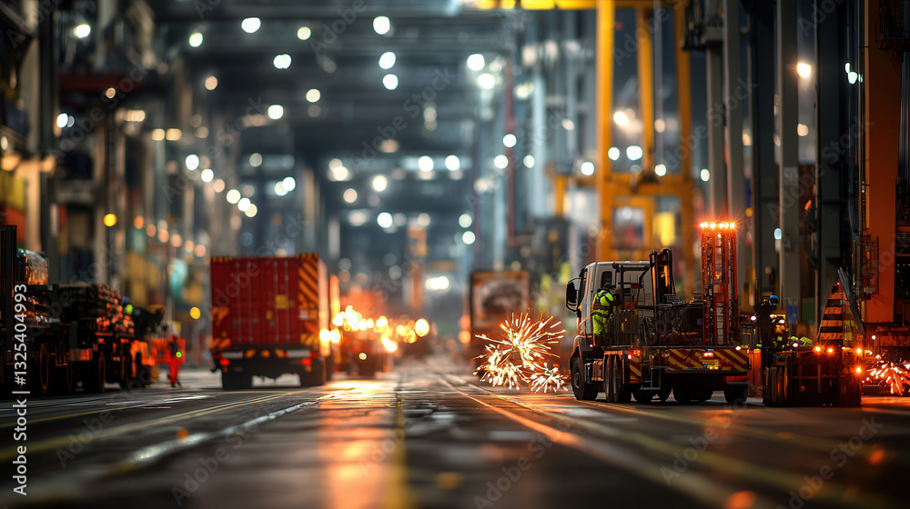 Fototapeta premium bustling logistics port with towering cranes, trucks, and sparks flying, showcasing efficient operations and vibrant activity