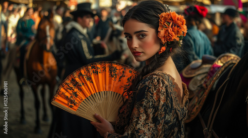 Feria de Abril, Elegant Young Woman with Orange Flowers and Fan at a Fair Horseback Riders in Background