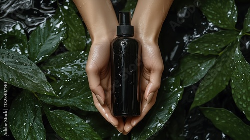 In the hands of the girl is a black bottle of shampoo without a label on a background of leaves
