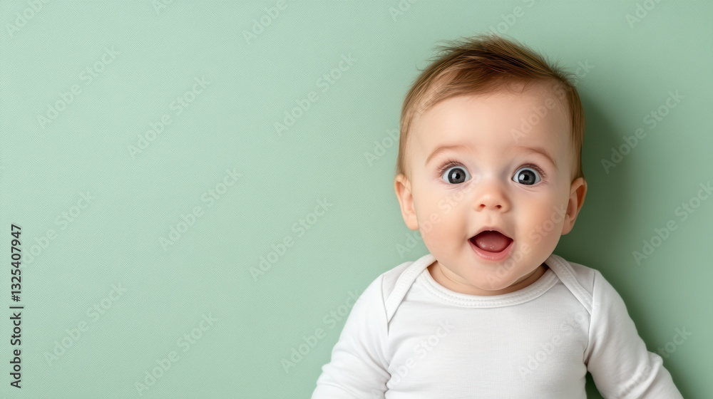 Baby with curious gaze and joyful expression on pastel green background Baby with curious gaze and joyful expression on pastel green background