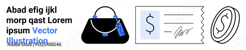 Handbag with price tag, signed check, dollar coin highlight commerce, fashion, spending, and transactions. Ideal for retail, finance online shopping banking budgeting fashion marketing. Flat