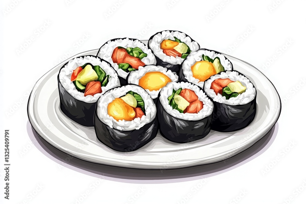 Fresh Sushi Rolls on a Plate - Culinary Presentation with Vibrant Colors and Artistic Arrangement for Gastronomic Delight Fresh Sushi Rolls on a Plate - Culinary Presentation with Vibrant Colors and Artistic Arrangement for Gastronomic Delight