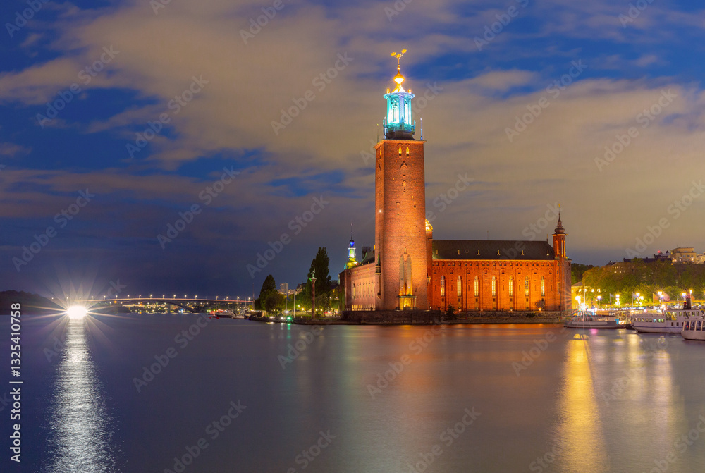 Stockholm City Hall and reflections on the water at night, Sweden Stockholm City Hall and reflections on the water at night, Sweden