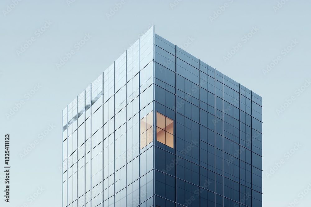 Fototapeta premium Modern Architecture with Reflective Glass Facade and Warm Interior Lighting