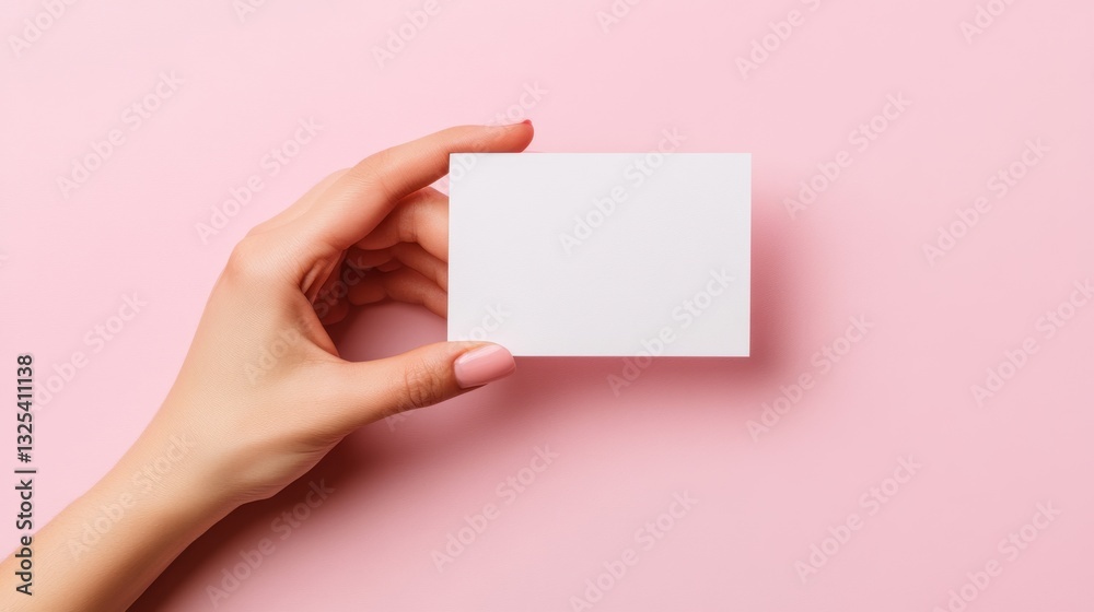 Obraz premium Woman's hand holding blank card, pink background
