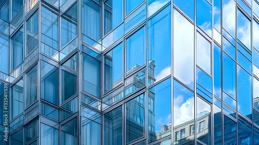 Modern glass building with reflective mirrored windows capturing cityscape Modern glass building with reflective mirrored windows capturing cityscape