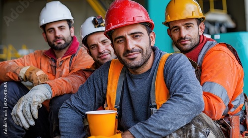 Group of construction workers taking a break and enjoying time together in a friendly and relaxed atmosphere