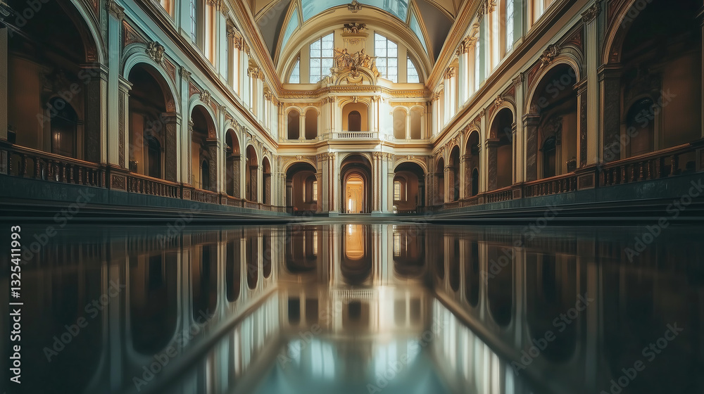 Grand architecture creates sense of awe and wonder, with its intricate details reflected in glossy floor