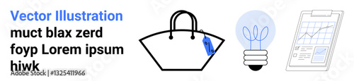 Shopping tote with tag, glowing light bulb, and analytics clipboard. Ideal for e-commerce, creativity, planning, analytics, business strategy retail and market research. Flat landing page banner