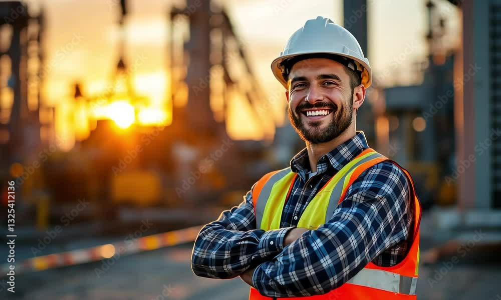 Smiling Worker in Hard Hat and Safety Vest at Sunset Smiling Worker in Hard Hat and Safety Vest at Sunset