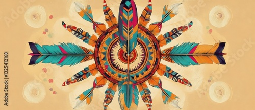 Native Americaninspired mandala with feather, arrow, and tribal iconography photo