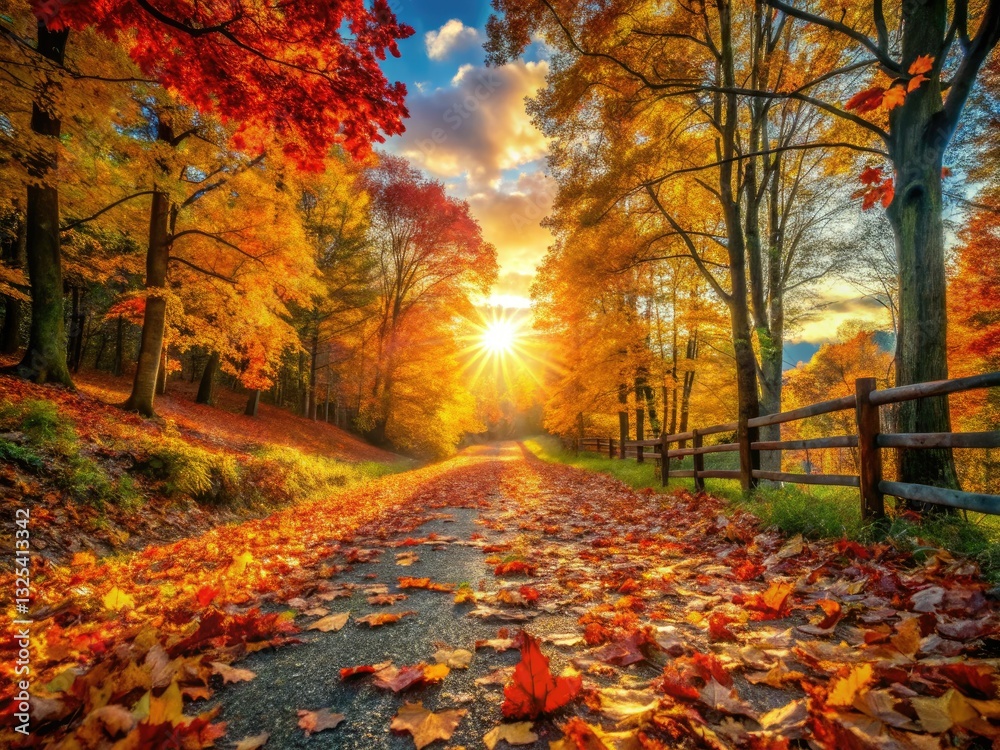 Naklejka premium Crisp autumn air, vibrant foliage, and a rustic pathway lead through a magical forest, capturing stunning nature's scenery.