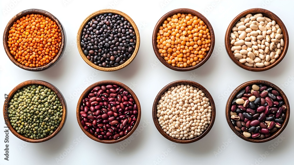 Overhead view of bowls of various beans on white Overhead view of bowls of various beans on white