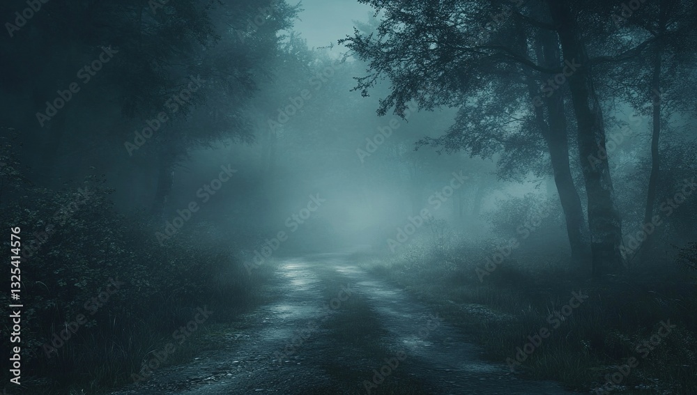 Fototapeta premium Mysterious Foggy Forest Path: A Serene, Eerie Nighttime Walk Through Misty Woods