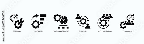Productivity And Team Management Icons Icon Set Isolated Vector Illustration Concept With Icon Of Settings, Priorities, Time Management, Synergy, Collaboration, Teamwork In Glyph Style