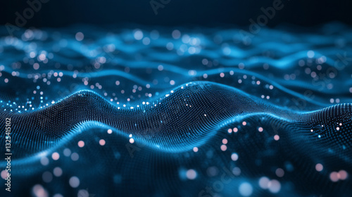 Abstract Digital Landscape with Glowing Blue Points and Subtle Pink Highlights