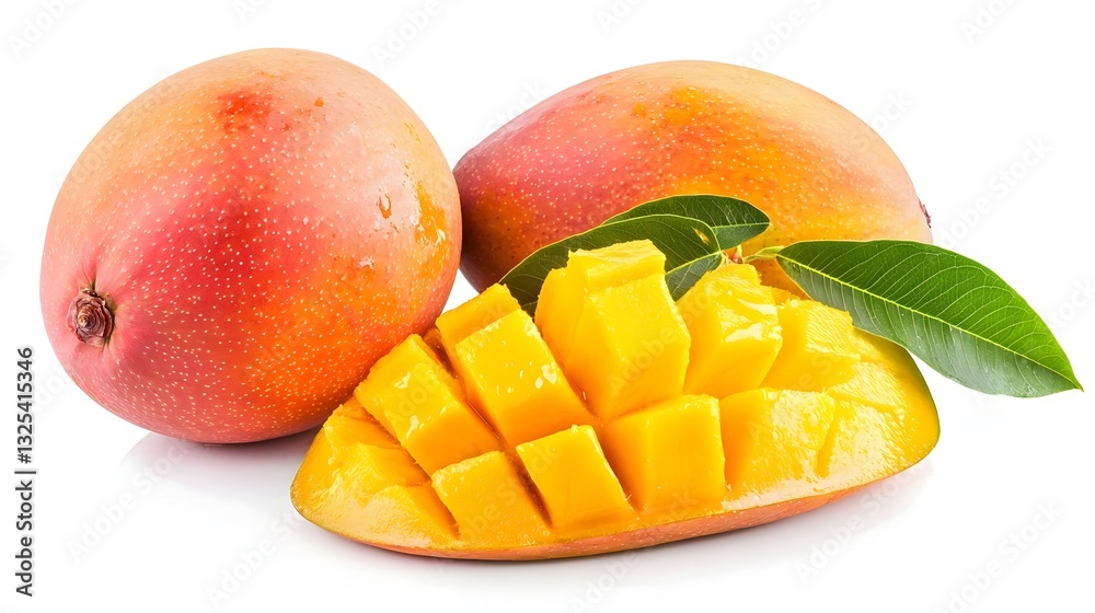 whole and slice ripe mango fruit with green whole and slice ripe mango fruit with green