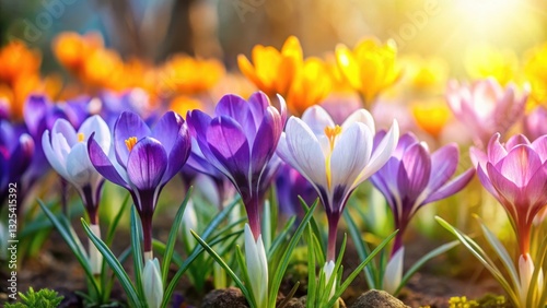 Vibrant crocus spring flowers blooming in a lush garden, blooms, purple, colorful, petals, nature, seasonal, beauty, garden