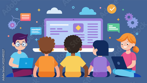 Kids sitting in front of a large screen following along with a tutorial on coding concepts and algorithms.. Vector illustration