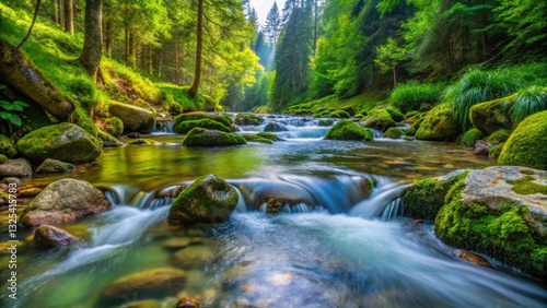 Crystal clear natural spring water flowing from a rocky mountain stream in a lush green forest ,  refreshing, pure, clean