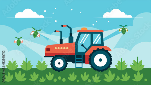 Using machine learning algorithms a hightech tractor is able to detect and spray herbicides only on the areas where pests are present reducing unnecessary chemical usage.. Vector illustration