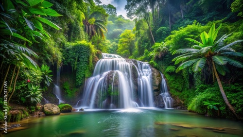 Tropical waterfall in lush jungle with long exposure creating a motion blur effect ,  tropical, waterfall, jungle